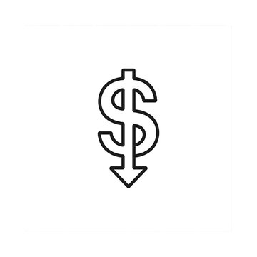 Dollar sign downward arrow symbol indicating financial decline recession economic downturn or cost reduction concept.Symbolic representation of a dollar sign with a downward arrow, signifying financia