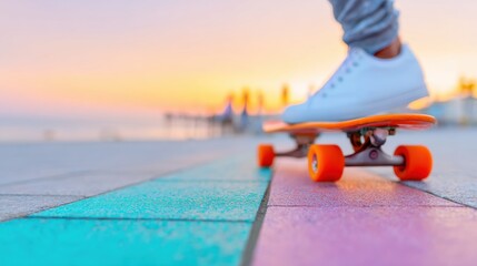 Skateboarding at sunset along a colorful boardwalk by the beach