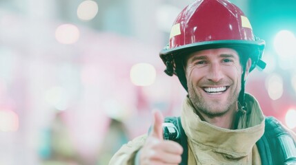 Firefighter smiling and giving a thumbs up at a safety event