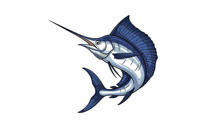 Majestic blue marlin breaching the ocean surface with a sharp spear-like bill and large dorsal fin.