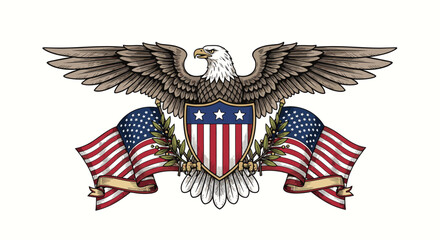An eagle holding a shield with american flags behind it.