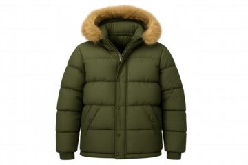 Green puffer jacket for cold winter weather, featuring a warm hood with faux fur trim and full zipper closure