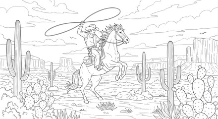 A cowboy skillfully twirls a lasso in a vast desert landscape with saguaro cacti.