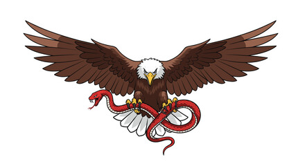 The powerful eagle grasps the slithering snake in its talons signifying triumph and dominance.