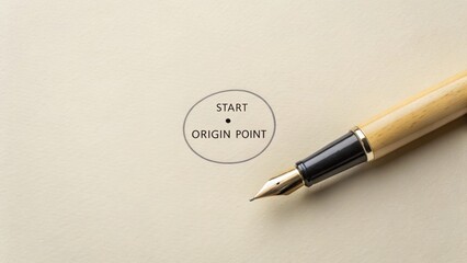 Fototapeta premium Elegant fountain pen resting on a blank paper surface with a circular inscription indicating start and origin point