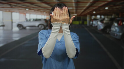 Woman nurse hides then removes hands from face smiling in parking building; playfulness.