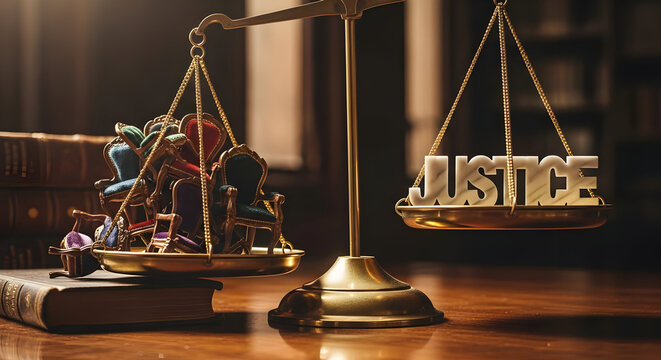 Balanced Scales with Shoes and Justice Word in Library Setting