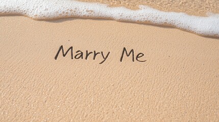 Fototapeta premium Marry me written in the sand with gentle ocean waves approaching.
