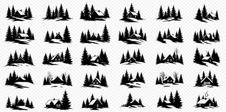A collection of black silhouette icons featuring rustic cabins and lodges nestled among pine trees in a snowy, winter forest setting.