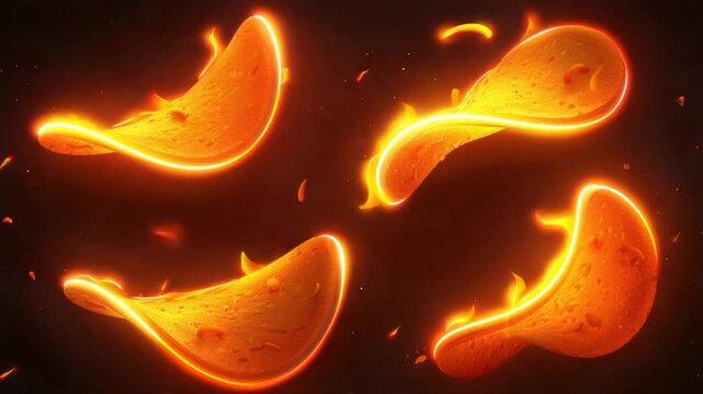 video clip A set of four fruits with flames burning bright, ideal for illustrations and designs where fiery elements are needed