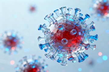 Virus cell structure with red core and blue spikes
