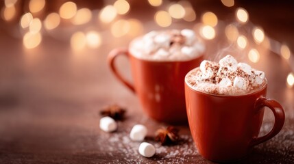 Warm mugs of hot chocolate with marshmallows and cinnamon on a cozy table