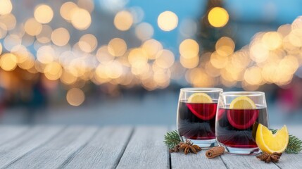 Warm holiday drinks displayed on a wooden table at a festive market scene