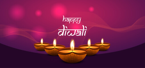 Happy Diwali Festival Background with Glowing Diyas, Radiant Purple Decorative Backdrop, Warm Festive Lights, and Elegant Indian Celebration Greeting Card or Holiday Design