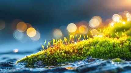 Moss growing by water's edge with sunlight shining in the background