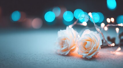 Romantic setting with white roses and fairy lights at night