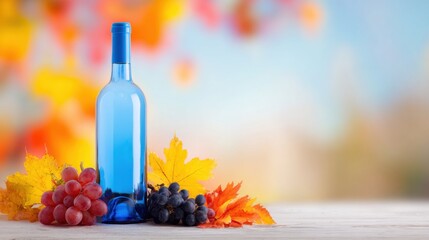 Bright blue wine bottle with grapes and autumn leaves in the background