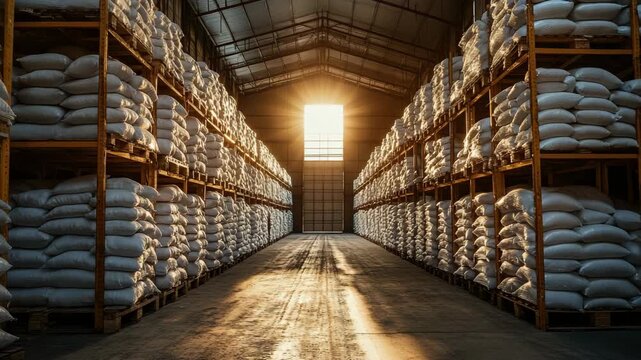 Warehouse with sunlight shining through large doors, rows of white sacks on wooden pallets, symbolizing storage, logistics, agriculture, industrial production, export manufacturing supply management.