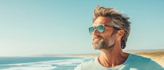 Mature man with sunglasses enjoying ocean view, feeling serene and refreshed on a bright sunny day, symbolizing healthy lifestyle and travel.