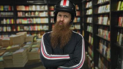Man with helmet standing with crossed arms amid rows of book shelves in a library building;...