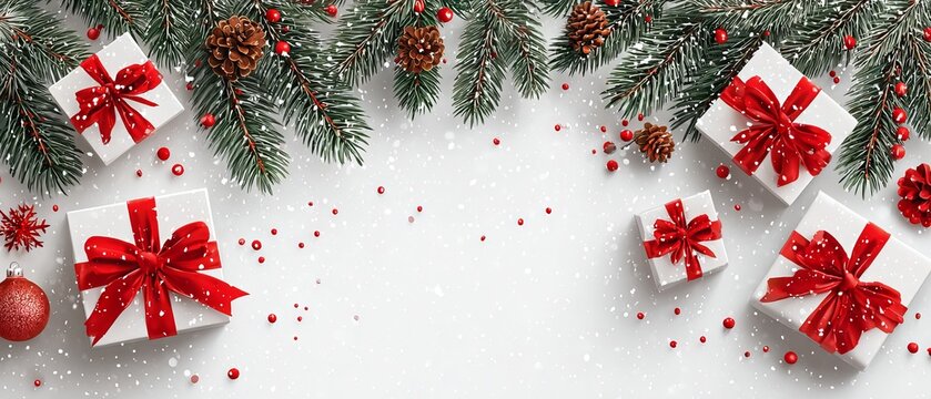 Christmas fir branches and gift boxes with red ribbons festive ornaments sparkles and confetti on white background flat lay top view winter holiday greeting card for Christmas and New Year - Powered by Adobe