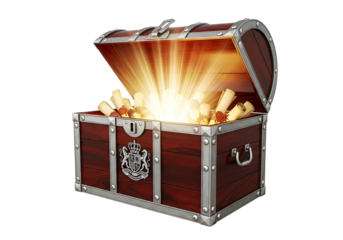 An antique wooden treasure chest, open to reveal scrolls and a brilliant light source, showcases a rich, golden glow against a stark black backdrop.