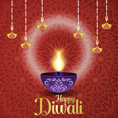 Happy Diwali flyer with Diya and mandala background, can be used in festival invitation, promotion, marketing, greetings, Indian festival of light Diwali poster for your design, easily editable vector