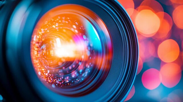 Futuristic glowing camera lens with vibrant reflections and bright digital bokeh lights, modern photography, optical technology, creative media, professional equipment, and innovative visual design