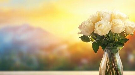 White roses in vase against a bright sunset background