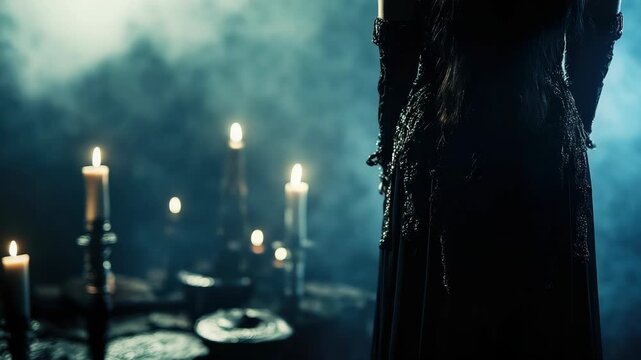 Mystical scene with candles in foggy darkness Female dark gown, hidden face