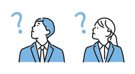 シンプル　イラスト　考え事をする就職活動中の男性と女性