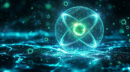 Floating atomic structure in vibrant sci-fi environment Generative AI