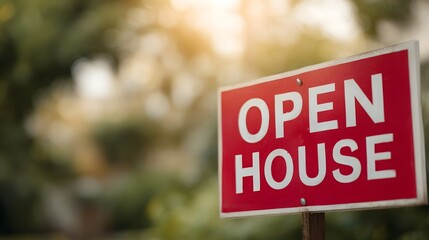 A bright red  Open House  sign stands in front of a blurred sunny outdoor background