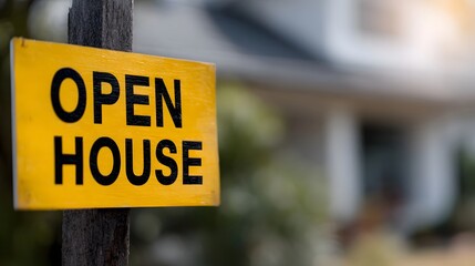 Yellow  Open House  sign on a wooden post welcoming visitors to a property viewing
