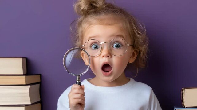 Curious young child in eyeglasses holds a magnifying glass, wide eyed and open mouthed, expressing pure wonder and surprise near stacked books. Vivid purple background highlights early learning,