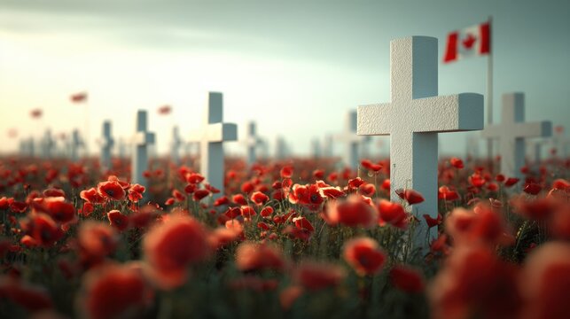 Memorial Day Commemoration in a Field of Poppies with Canadian Flag