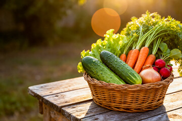 Green Garden Wheelbarrow Filled with Soil and Compost in a Tilled Field with Fresh Vegetables at Golden Hour