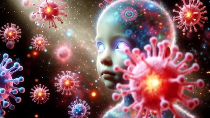 Video o f futuristic child with glowing eyes surrounded by softly glowing virus particles.
- Powered by Adobe