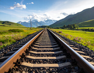 Railroad tracks through green meadow landscape