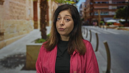 Fototapeta premium Woman in pink jacket raises eyebrow on street by urban buildings and bollards under sunlight; skepticism.