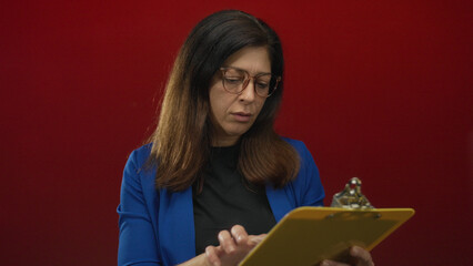 Middle aged woman wearing a blue blazer and glasses reading a yellow clipboard in a red studio;...