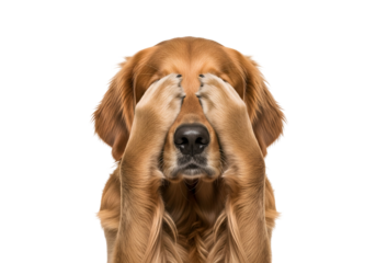 A golden retriever dog with paws over its eyes portrays a sense of shame or hiding, against a solid black background.