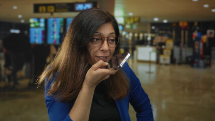 Middle aged woman holding smartphone to mouth in busy airport terminal; mobile connection communication.