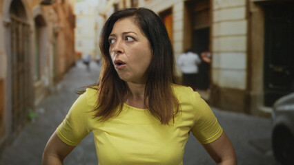 Middle aged hispanic woman with concerned expression covers mouth with hand on sunlit cobblestone...