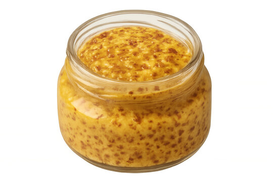 Whole grain mustard in open glass jar, delicious condiment for culinary cooking and healthy eating