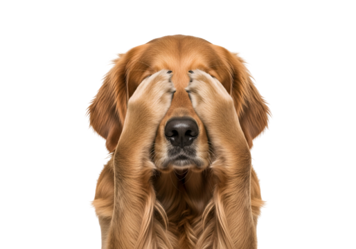 A golden retriever dog with paws over its eyes portrays a sense of shame or hiding, against a solid black background.