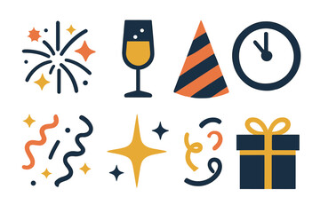 New Year's Eve Icons. Classic New Year’s Eve set of icons in geometric flat vector. Fireworks, champagne glass, party hat, clock striking midnight, confetti, streamers, sparkling