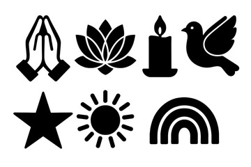 Brutalist Spiritual Icons. Spiritual Symbols set of icons silhouette. Praying hands, lotus flower, mandala, candle, dove, star, sun, rainbow