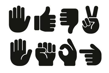 Fototapeta premium Brutalist Hand Icons. Hand Gestures set of icons silhouette. Open palm, thumbs up, thumbs down, peace sign, high five, fist, OK gesture, pointing finger