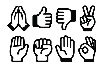 Fototapeta premium Bold Hand Gesture Icons. Hand Gestures set of icons silhouette. Praying hands, thumbs up, thumbs down, peace sign, high five, fist, open palm, OK gesture